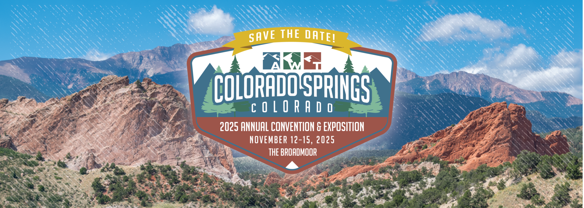 AWT 2025 qannnual convention and exposition logo laid over the mountains in estas park colorado