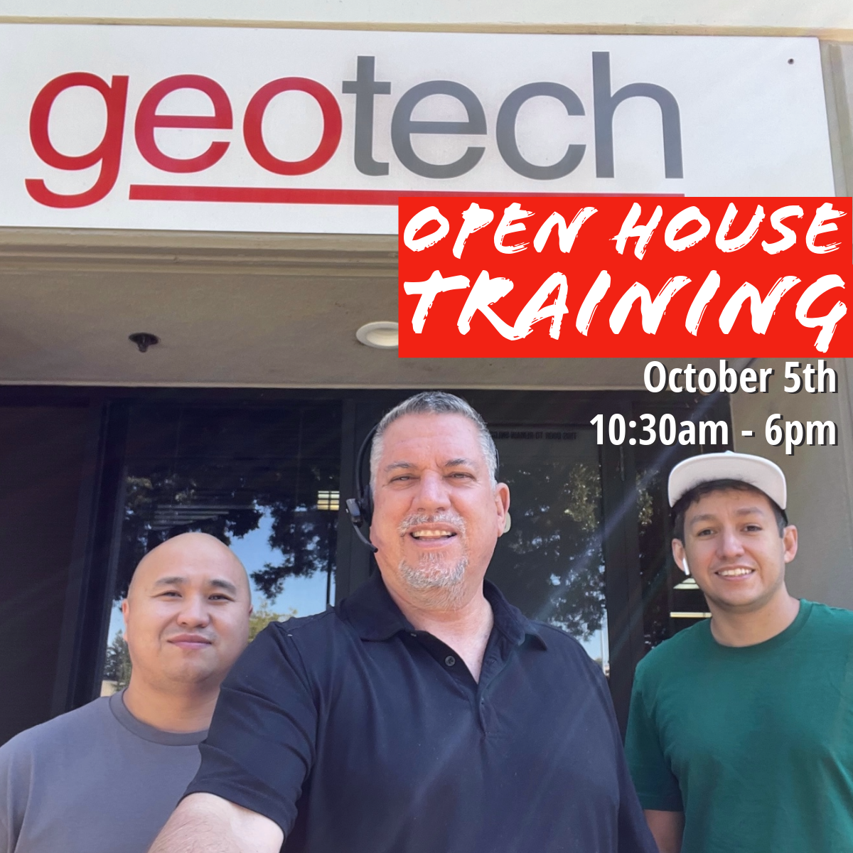 Sacramento Geotech Team standing outside Geotech building with Geotech Sign in background.